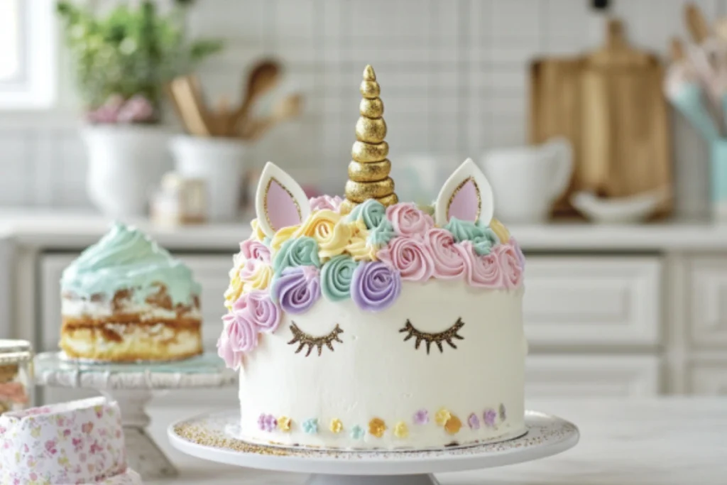Unicorn cake decorated with pastel buttercream roses, a golden horn, and glittery gold lashes, perfect for a whimsical unicorn cake theme in a bright kitchen setting.