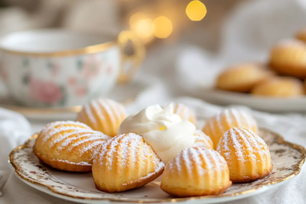 Madeline cookies recipe using cream – light, fluffy, golden madeleines on a rustic plate.