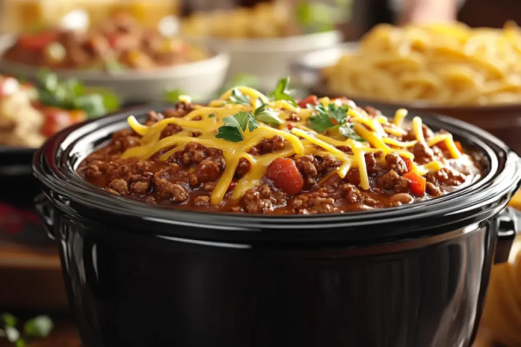 A crock pot filled with ground beef chili topped with cheese and herbs, surrounded by bowls of spaghetti bolognese, cheesy lasagna, and beef stroganoff on a rustic wooden countertop. Warm lighting and a family setting the table in the background