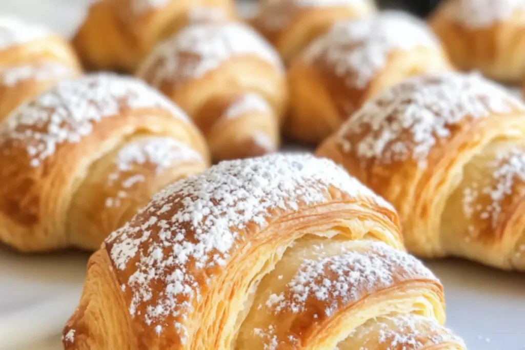 Freshly baked Swiss Gipfeli Recipe with a golden, flaky crust, lightly dusted with powdered sugar.