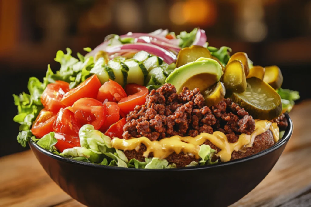A vibrant burger bowl with layers of ground beef, fresh lettuce, diced tomatoes, sliced onions, pickles, avocado, and melted cheese, drizzled with creamy sauce, placed on a rustic wooden table.