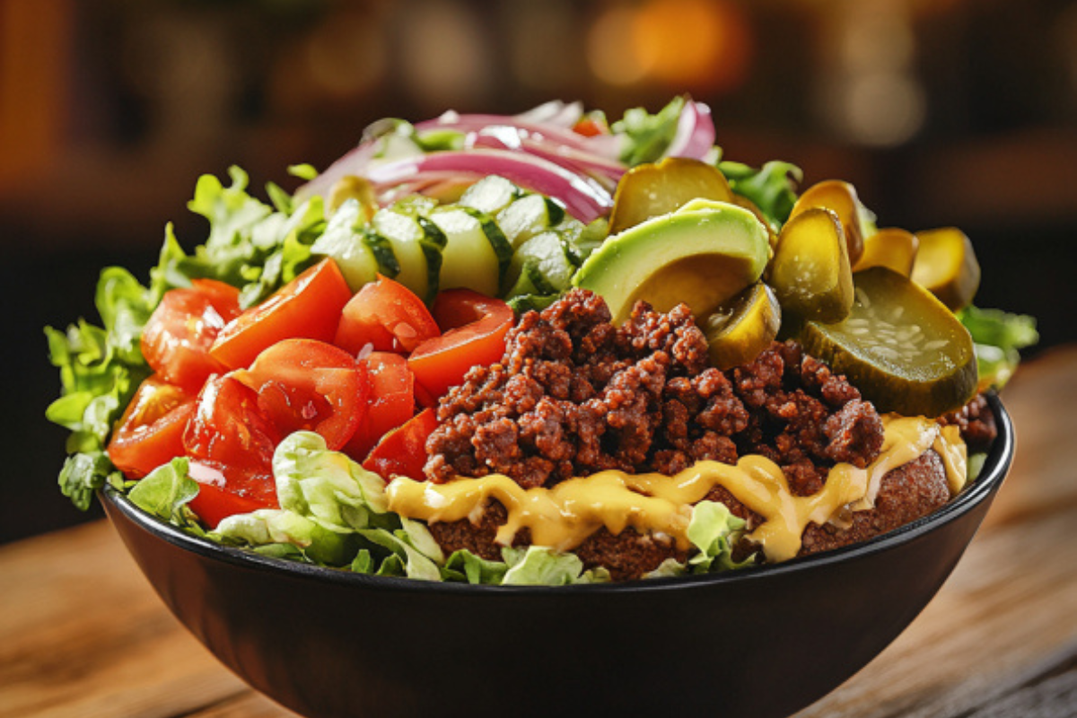 A vibrant burger bowl with layers of ground beef, fresh lettuce, diced tomatoes, sliced onions, pickles, avocado, and melted cheese, drizzled with creamy sauce, placed on a rustic wooden table.