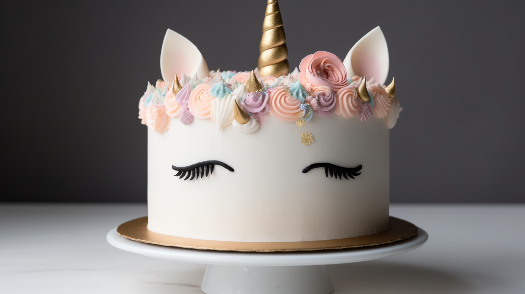 A simple unicorn cake decorated with pastel buttercream rosettes, a gold horn, and black icing eyelashes, placed on a white cake stand against a dark background.