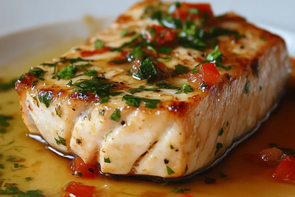 Delicious swordfish recipe featuring a perfectly grilled swordfish steak with golden sear marks, garnished with fresh herbs and lemon slices.