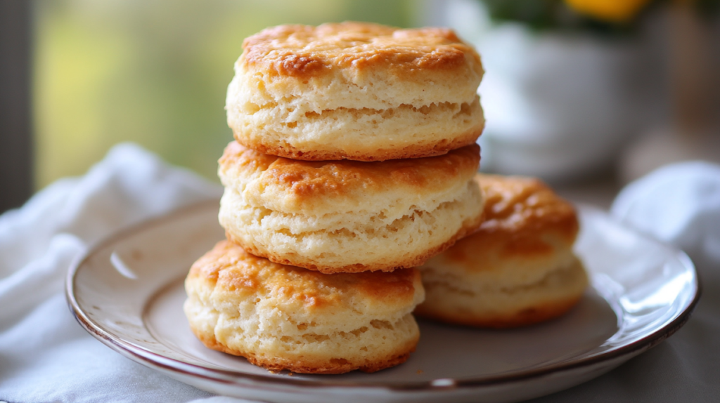A stack of golden-brown biscuits with a flaky texture on a white plate, made using a simple 3 Ingredient Biscuit Recipe. The biscuits have crisp layers and a soft, buttery interior, with warm natural lighting enhancing their homemade appeal.