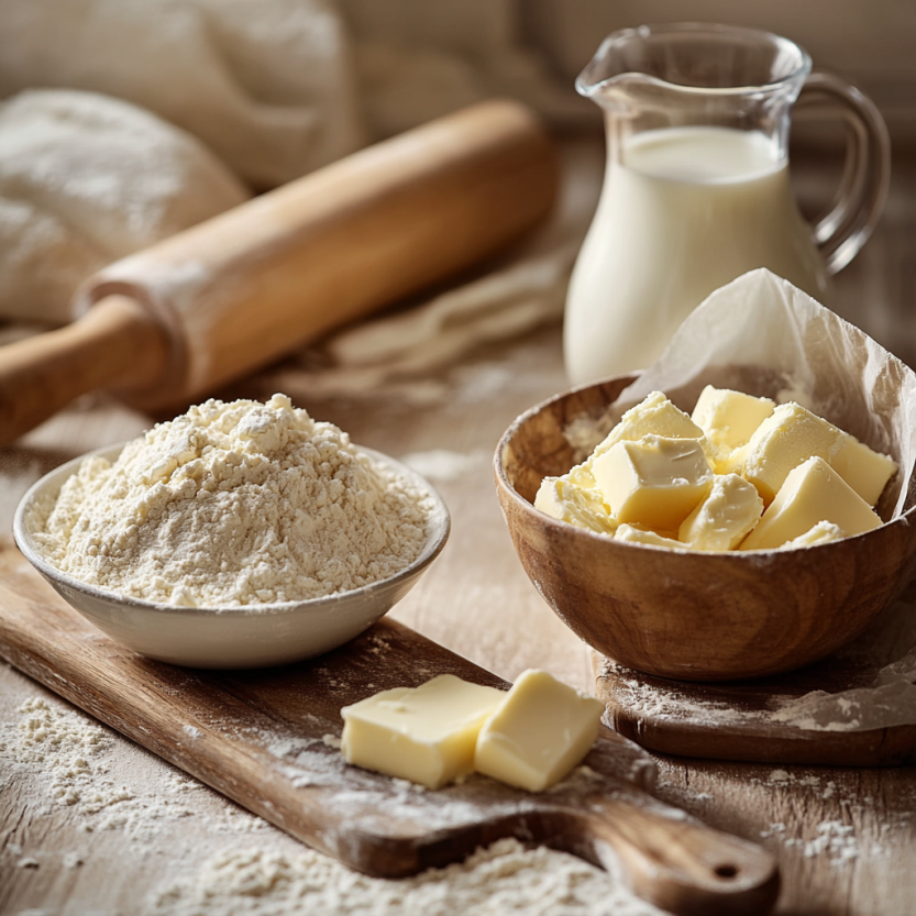 Ingredients for a 3 ingredient biscuit recipe: all-purpose flour, cold unsalted butter, and cold milk or buttermilk on a rustic kitchen countertop.