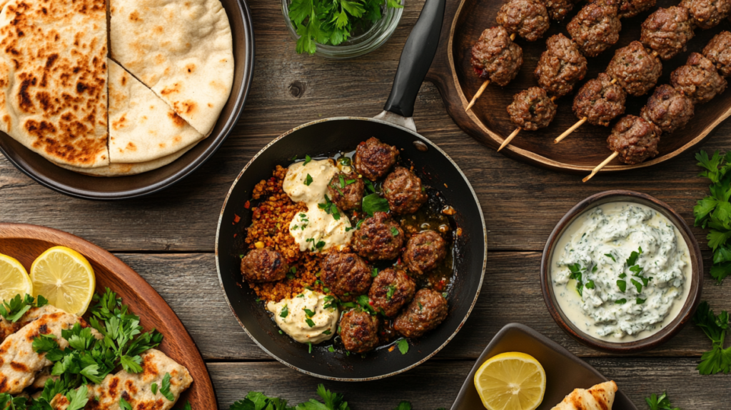 Rustic table showcasing Ground Lamb Recipes with a sizzling pan of spiced ground lamb, a juicy lamb burger, and Mediterranean lamb kofta skewers garnished with fresh herbs and lemon wedges.