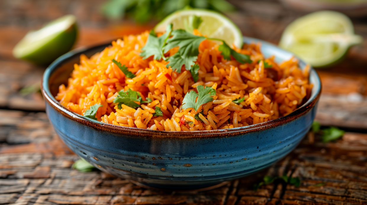 Bowl of fluffy Mexican rice garnished with fresh cilantro and diced tomatoes – Mexican Rice Recipe”