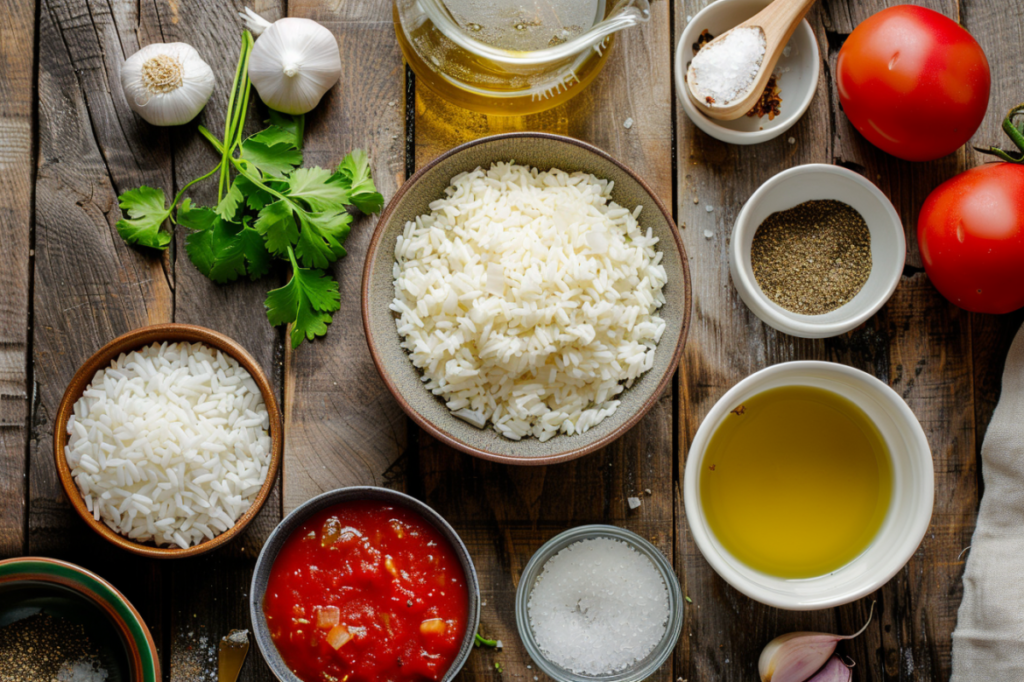 Ingredients for a Mexican rice recipe neatly arranged on a wooden table